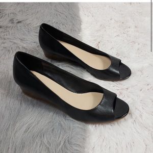 COLE HAAN Black Leather Peep Toe Elsie Wedge